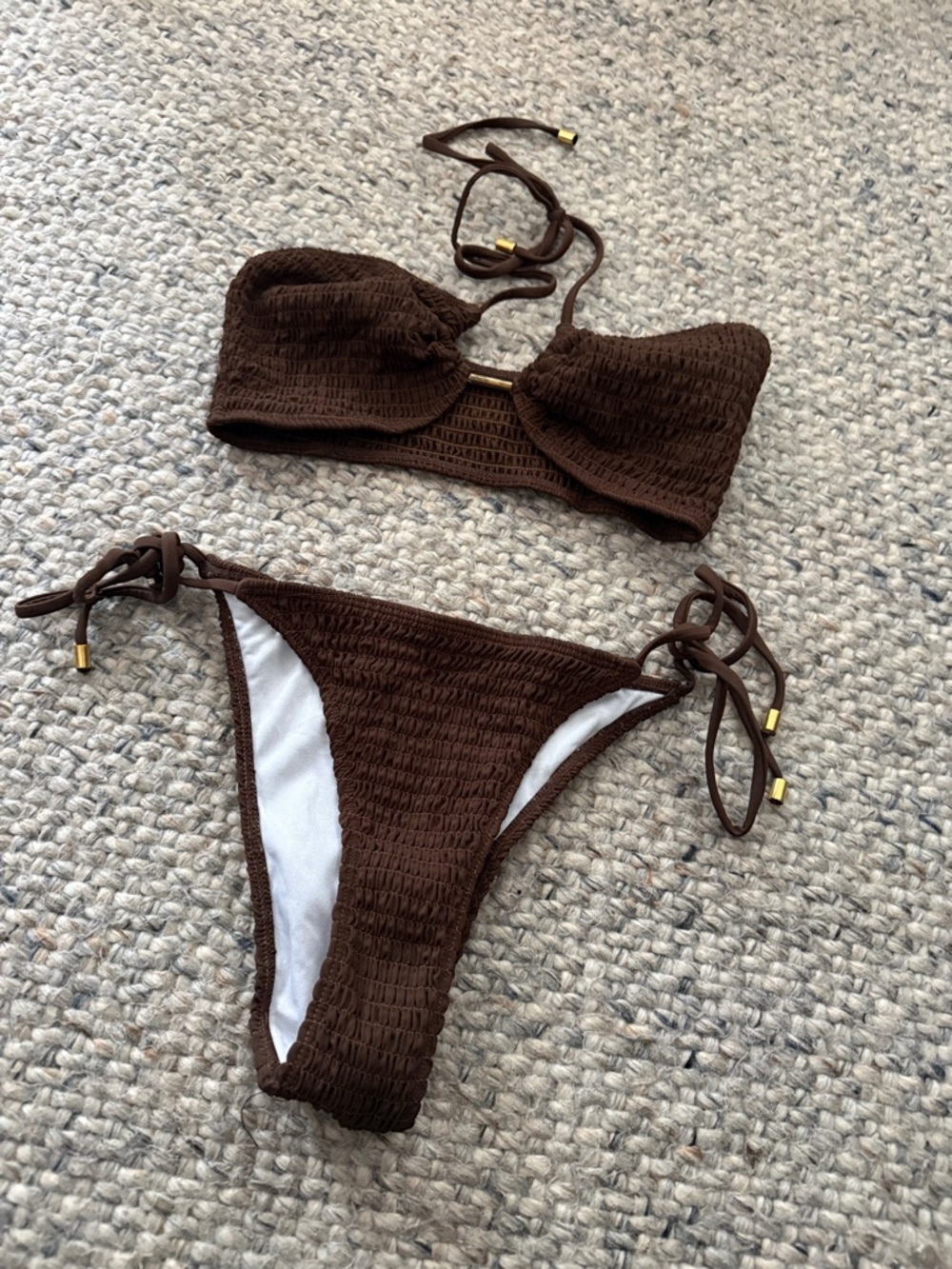 SHEIN Brown Smocked Tie-Side Bikini Set